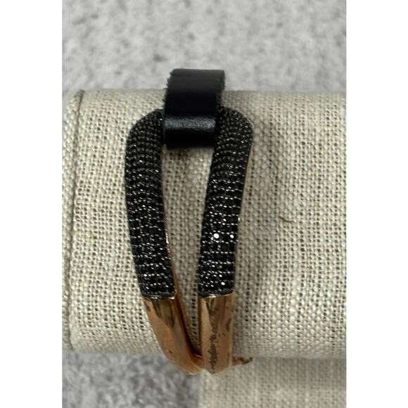 Milor Jewelry - Milor Rose Gold Tone Bronze Black Leather Crystal Bracelet 8" #70240
